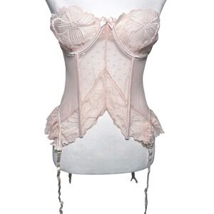SEVEN 'TIL MIDNIGHT Women's XL Light Pink Sheer Lace Boned Corset Garter Straps